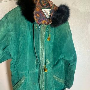 Suede Leather Trim Coat fur lined hood